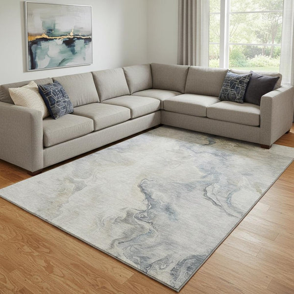 HomeRoots 8' X 10' Washable Beige Gray Ivory Abstract Area Rug - UV Protected, Durable, Modern Design for Any Room 697011