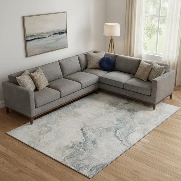 HomeRoots 10' X 14' Washable Beige Gray Ivory Area Rug - Modern Abstract Design with UV Protection & Non-Slip Backing 697013