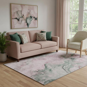 HomeRoots 5' X 8' Modern Blush Sage Ivory Abstract Area Rug - Washable, Stain-Resistant, UV Protected Design 697015