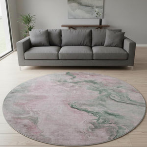 HomeRoots 8' Washable Round Rug in Blush, Sage & Ivory - Durable, Stain-Resistant, UV-Protected Design! 697016