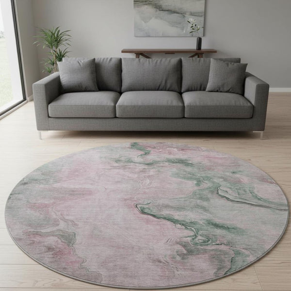 HomeRoots 8' Washable Round Rug in Blush, Sage & Ivory - Durable, Stain-Resistant, UV-Protected Design! 697016