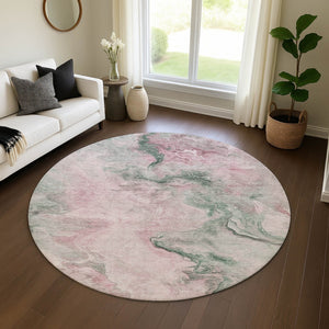 HomeRoots 8' Washable Round Rug in Blush, Sage & Ivory - Durable, Stain-Resistant, UV-Protected Design! 697016