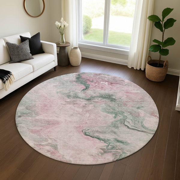HomeRoots 8' Washable Round Rug in Blush, Sage & Ivory - Durable, Stain-Resistant, UV-Protected Design! 697016