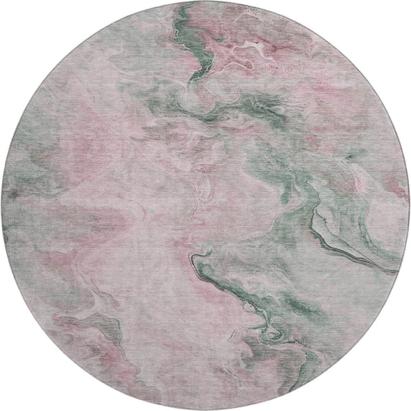 HomeRoots 8' Washable Round Rug in Blush, Sage & Ivory - Durable, Stain-Resistant, UV-Protected Design! 697016