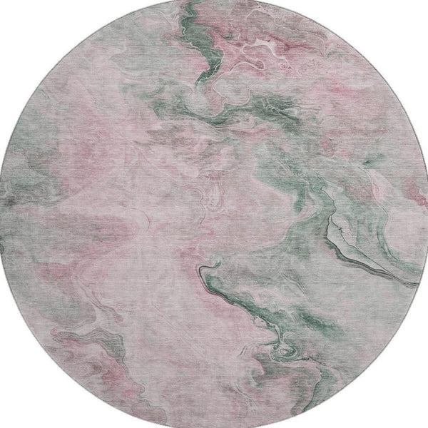 HomeRoots 8' Washable Round Rug in Blush, Sage & Ivory - Durable, Stain-Resistant, UV-Protected Design! 697016