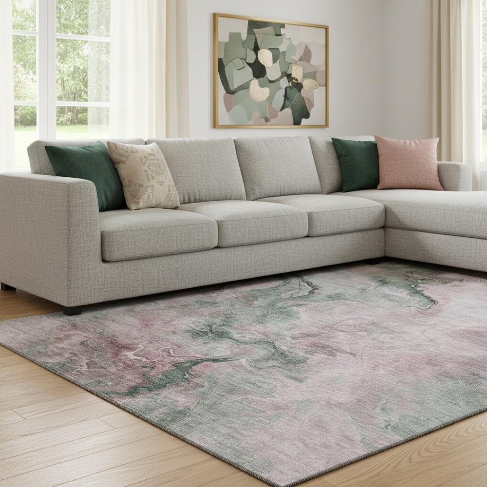 HomeRoots 8' X 10' Blush, Sage & Ivory Abstract Washable Area Rug - Stain Resistant with UV Protection! 697017