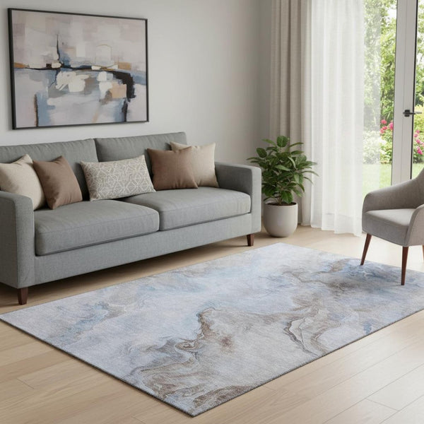 HomeRoots 5' X 8' Washable Abstract Area Rug in Blue, Taupe & Beige - Stain Resistant with UV Protection! 697021