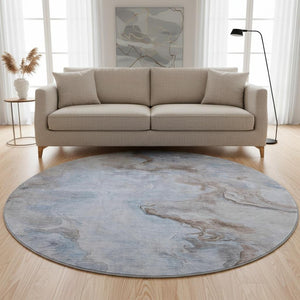 HomeRoots 8' Stylish Blue Taupe Beige Abstract Round Rug - Washable, UV-Protected, Non-Slip for High Traffic Areas 697022