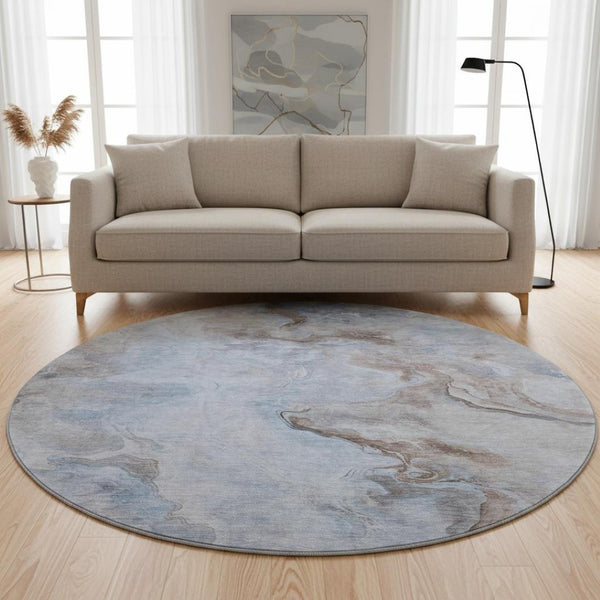 HomeRoots 8' Stylish Blue Taupe Beige Abstract Round Rug - Washable, UV-Protected, Non-Slip for High Traffic Areas 697022