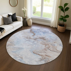 HomeRoots 8' Stylish Blue Taupe Beige Abstract Round Rug - Washable, UV-Protected, Non-Slip for High Traffic Areas 697022