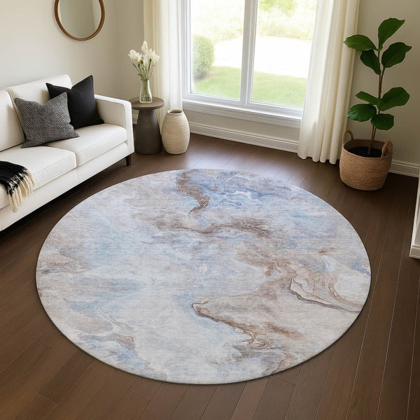 HomeRoots 8' Stylish Blue Taupe Beige Abstract Round Rug - Washable, UV-Protected, Non-Slip for High Traffic Areas 697022