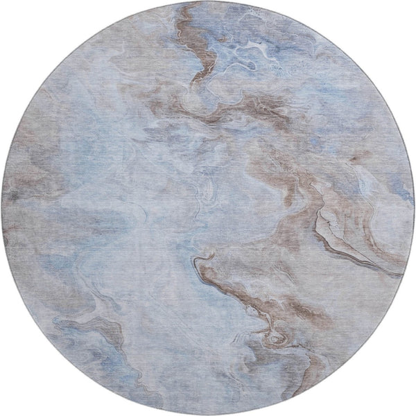 HomeRoots 8' Stylish Blue Taupe Beige Abstract Round Rug - Washable, UV-Protected, Non-Slip for High Traffic Areas 697022