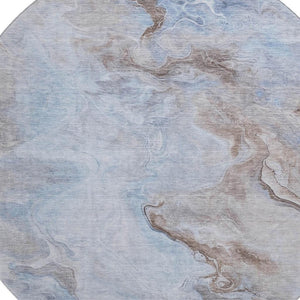 HomeRoots 8' Stylish Blue Taupe Beige Abstract Round Rug - Washable, UV-Protected, Non-Slip for High Traffic Areas 697022