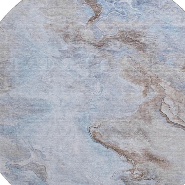 HomeRoots 8' Stylish Blue Taupe Beige Abstract Round Rug - Washable, UV-Protected, Non-Slip for High Traffic Areas 697022