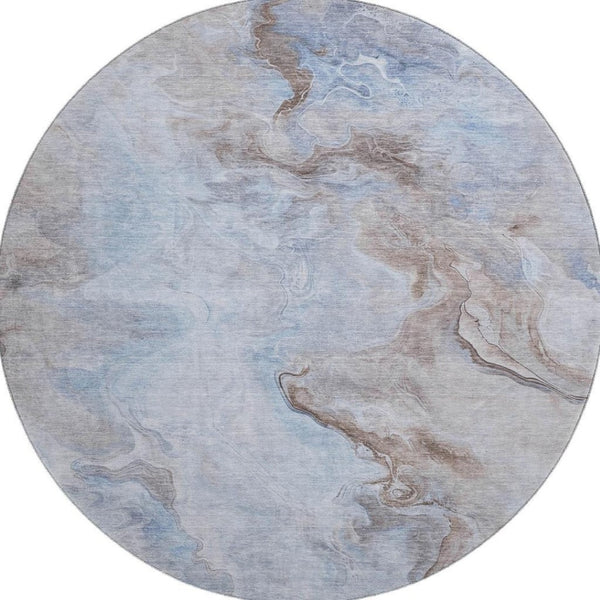 HomeRoots 8' Stylish Blue Taupe Beige Abstract Round Rug - Washable, UV-Protected, Non-Slip for High Traffic Areas 697022