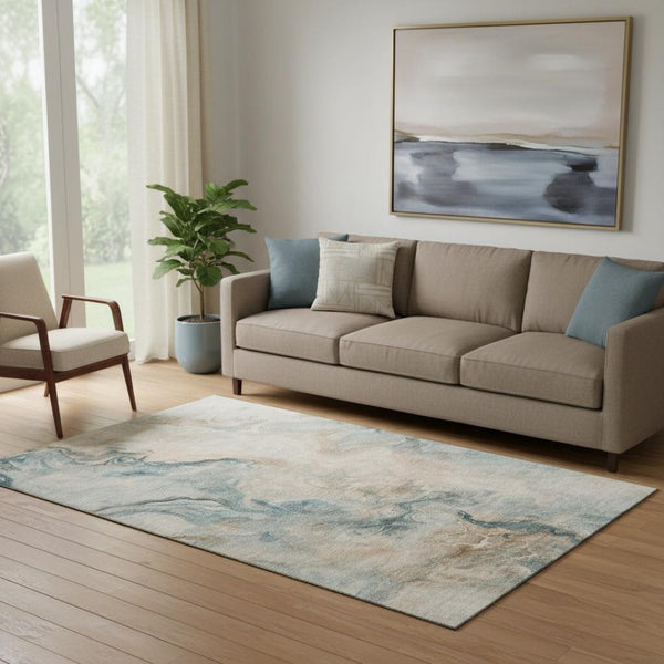HomeRoots 5' X 8' Teal Peach Ivory Abstract Area Rug - Washable, UV Protected, Stylish & Stain-Resistant Design 697027