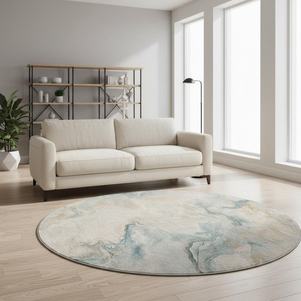 HomeRoots 8' Teal Peach and Ivory Washable Round Rug - Modern Abstract Design with UV Protection & Stain Resistance 697028