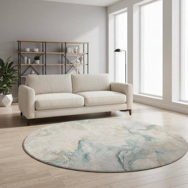 HomeRoots 8' Teal Peach and Ivory Washable Round Rug - Modern Abstract Design with UV Protection & Stain Resistance 697028