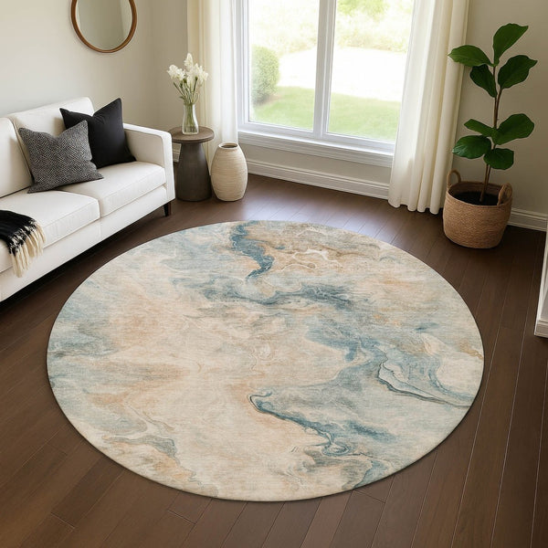 HomeRoots 8' Teal Peach and Ivory Washable Round Rug - Modern Abstract Design with UV Protection & Stain Resistance 697028