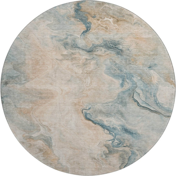 HomeRoots 8' Teal Peach and Ivory Washable Round Rug - Modern Abstract Design with UV Protection & Stain Resistance 697028