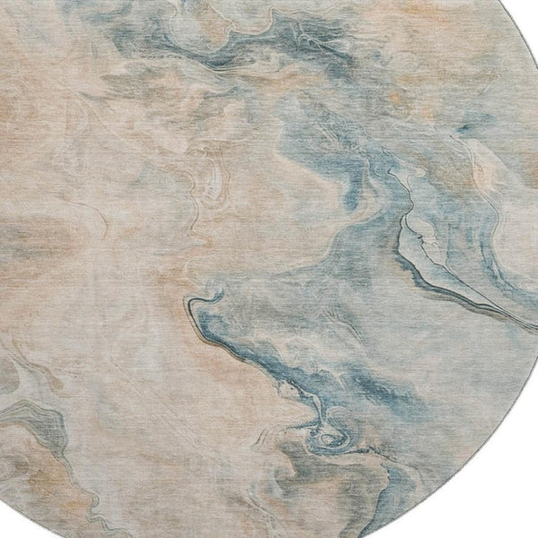 HomeRoots 8' Teal Peach and Ivory Washable Round Rug - Modern Abstract Design with UV Protection & Stain Resistance 697028