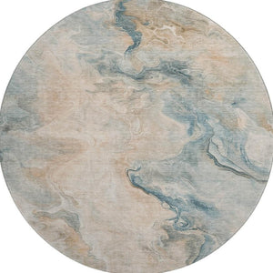 HomeRoots 8' Teal Peach and Ivory Washable Round Rug - Modern Abstract Design with UV Protection & Stain Resistance 697028