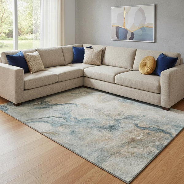 HomeRoots 8' X 10' Teal Peach Ivory Abstract Area Rug - Washable, UV Protected, Durable for High-Traffic Homes 697029