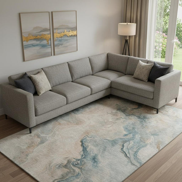 HomeRoots 9' X 12' Teal Peach Ivory Abstract Rug - Washable, UV-Protected, Durable, Perfect for Families! 697030
