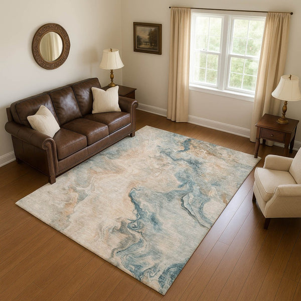 HomeRoots 9' X 12' Teal Peach Ivory Abstract Rug - Washable, UV-Protected, Durable, Perfect for Families! 697030