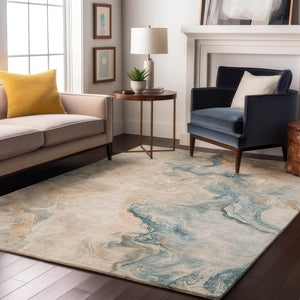 HomeRoots 9' X 12' Teal Peach Ivory Abstract Rug - Washable, UV-Protected, Durable, Perfect for Families! 697030