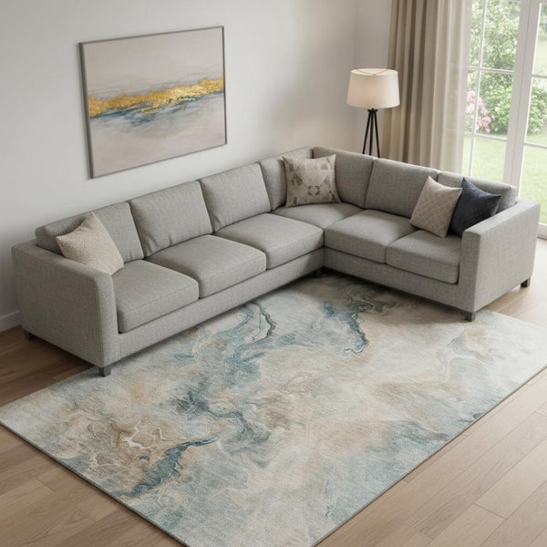 HomeRoots 10' X 14' Abstract Area Rug in Teal, Peach & Ivory - Washable, UV-Protected, Non-Slip Design! 697031