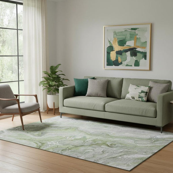 HomeRoots 5' X 8' Artichoke Green Gray Silver Abstract Washable Area Rug - Stain-Resistant, UV Protected Comfort 697033