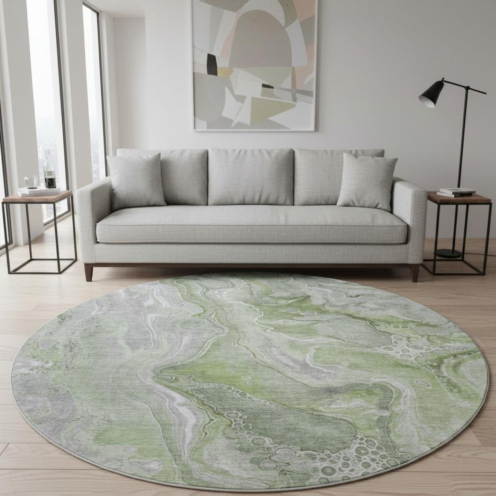 HomeRoots 8' Modern Abstract Washable Round Rug in Artichoke Green, Gray & Silver - UV Protected, Stain Resistant 697034