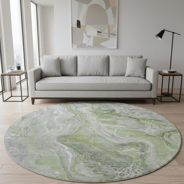 HomeRoots 8' Modern Abstract Washable Round Rug in Artichoke Green, Gray & Silver - UV Protected, Stain Resistant 697034