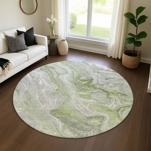 HomeRoots 8' Modern Abstract Washable Round Rug in Artichoke Green, Gray & Silver - UV Protected, Stain Resistant 697034
