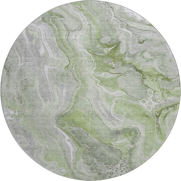 HomeRoots 8' Modern Abstract Washable Round Rug in Artichoke Green, Gray & Silver - UV Protected, Stain Resistant 697034