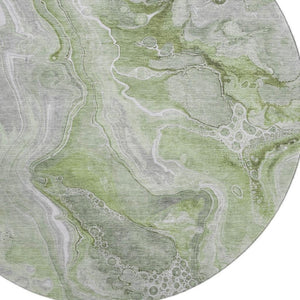 HomeRoots 8' Modern Abstract Washable Round Rug in Artichoke Green, Gray & Silver - UV Protected, Stain Resistant 697034
