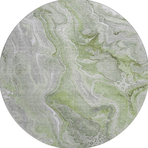 HomeRoots 8' Modern Abstract Washable Round Rug in Artichoke Green, Gray & Silver - UV Protected, Stain Resistant 697034