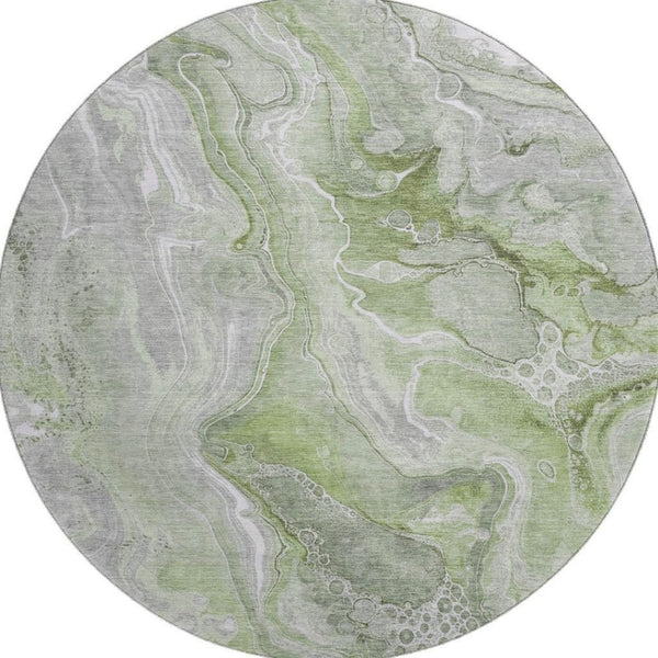 HomeRoots 8' Modern Abstract Washable Round Rug in Artichoke Green, Gray & Silver - UV Protected, Stain Resistant 697034