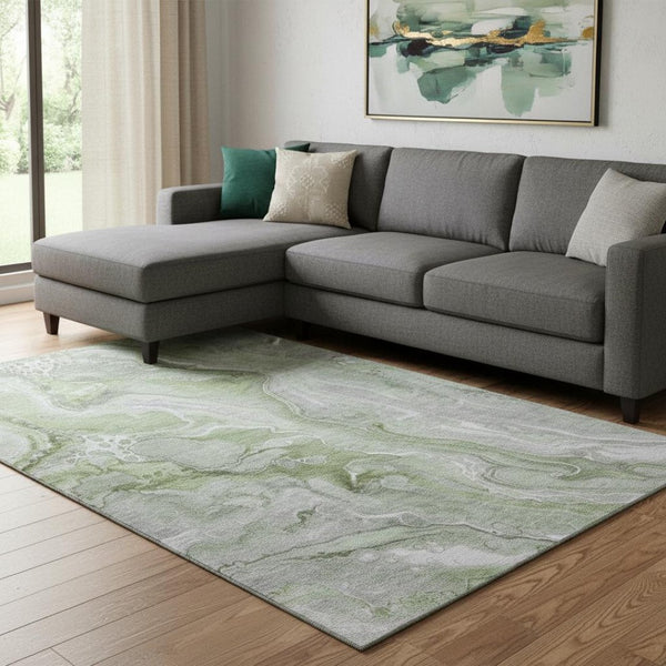 HomeRoots 8' X 10' Stylish Artichoke Green Gray Silver Abstract Area Rug - Washable, UV Protected, Durable Design 697035