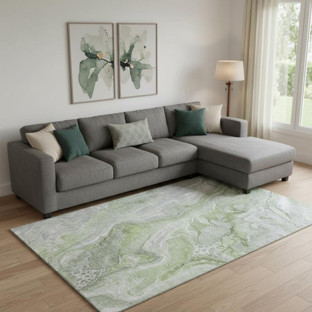 HomeRoots 9' X 12' Artichoke Green Gray Silver Abstract Area Rug - Soft, Stain-Resistant, UV-Protected Beauty! 697036