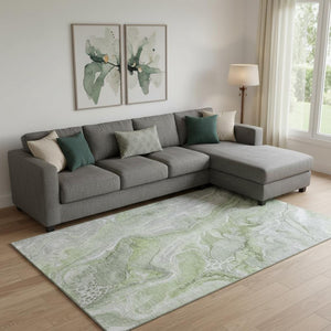 HomeRoots 9' X 12' Artichoke Green Gray Silver Abstract Area Rug - Soft, Stain-Resistant, UV-Protected Beauty! 697036