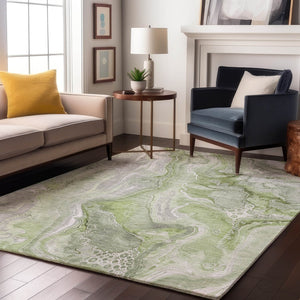 HomeRoots 9' X 12' Artichoke Green Gray Silver Abstract Area Rug - Soft, Stain-Resistant, UV-Protected Beauty! 697036
