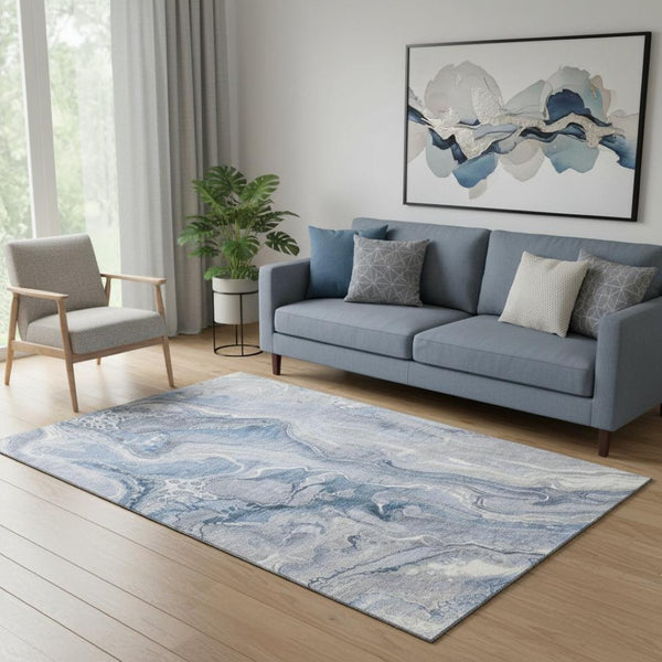 HomeRoots 5' Denim Blue Gray Ivory Abstract Area Rug - Machine-Washable, UV-Resistant, Non-Slip Design! 697039