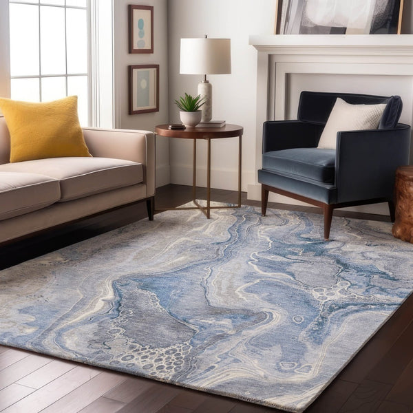 HomeRoots 5' Denim Blue Gray Ivory Abstract Area Rug - Machine-Washable, UV-Resistant, Non-Slip Design! 697039