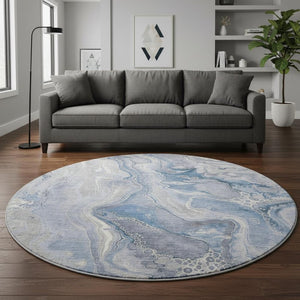 HomeRoots 8' Denim Blue Gray and Ivory Abstract Washable Round Rug - Durable, UV Protected for Modern Spaces 697040