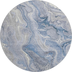 HomeRoots 8' Denim Blue Gray and Ivory Abstract Washable Round Rug - Durable, UV Protected for Modern Spaces 697040
