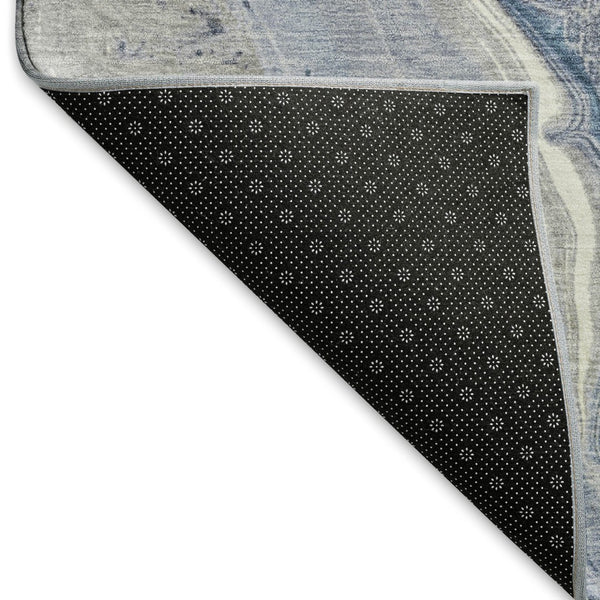 HomeRoots 8' Denim Blue Gray and Ivory Abstract Washable Round Rug - Durable, UV Protected for Modern Spaces 697040