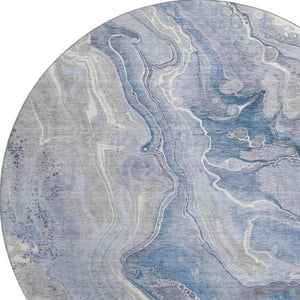 HomeRoots 8' Denim Blue Gray and Ivory Abstract Washable Round Rug - Durable, UV Protected for Modern Spaces 697040