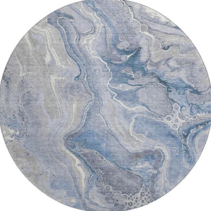 HomeRoots 8' Denim Blue Gray and Ivory Abstract Washable Round Rug - Durable, UV Protected for Modern Spaces 697040